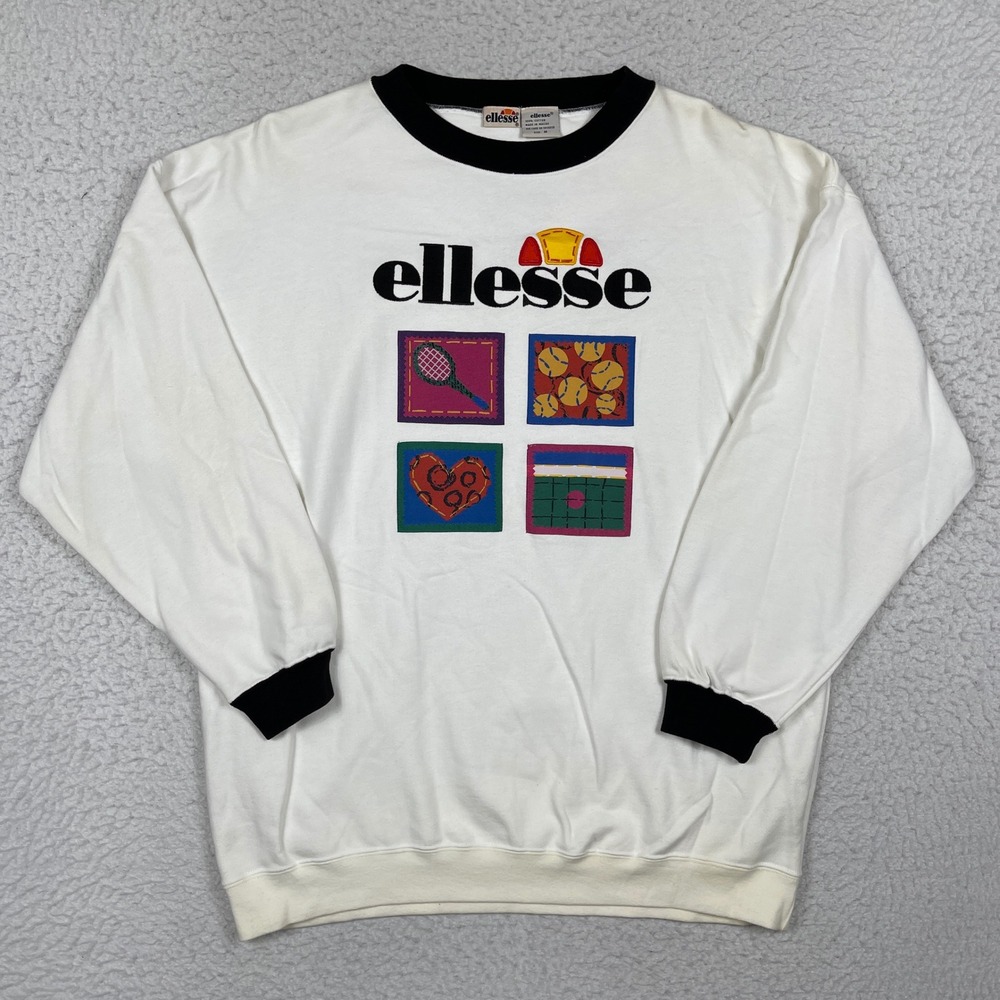 Ellesse Sweatshirt Mens Medium White Tennis Graphic Vintage 90s Sporty Retro